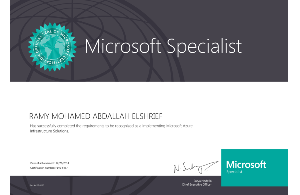 • Microsoft Specialist: Implementing Microsoft Azure Infrastructure Solutions